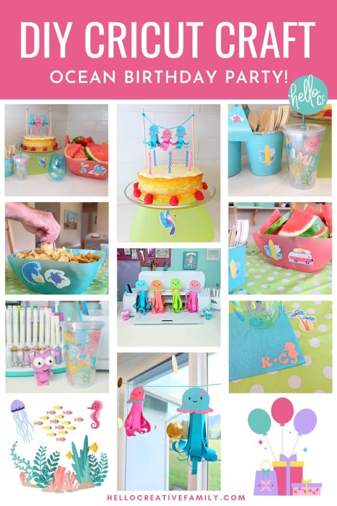 Creating one of a kind party decor is a breeze with a Cricut cutting machine! Learn how to make five tropical ocean birthday party projects including custom cups, confetti, a jellyfish cake topper with matching party garland, custom napkins and holographic stickers! With step by step tutorials take these ideas and transfer them to any party theme!
