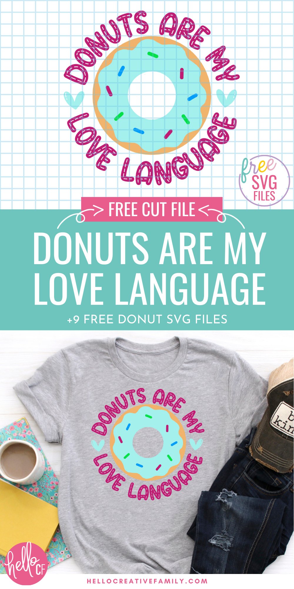 If you love sweet food puns then this is the cut file bundle for you! We're sharing free donut SVG files that you will love! Use them for making mugs, hoodies, t-shirts, throw pillows, tote bags and and so many more cutting machine crafts using your Cricut Maker, Cricut Explore, Cricut Joy or Silhouette Cameo. Includes Donuts Are My Love Language.