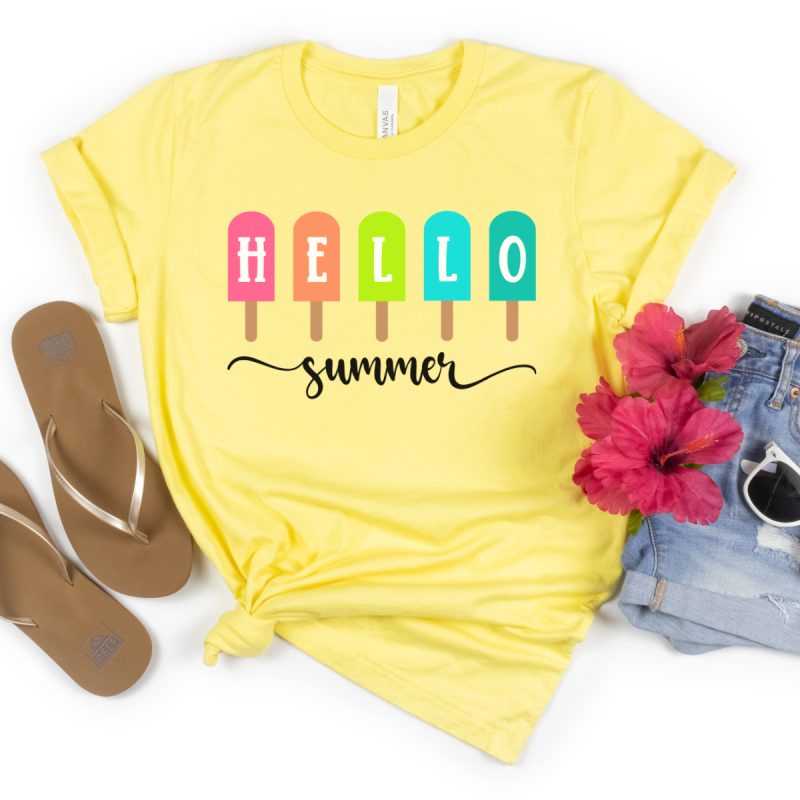 Sunshine Yellow tshrt with colorful popsicles on the front and the words Hello Summer.