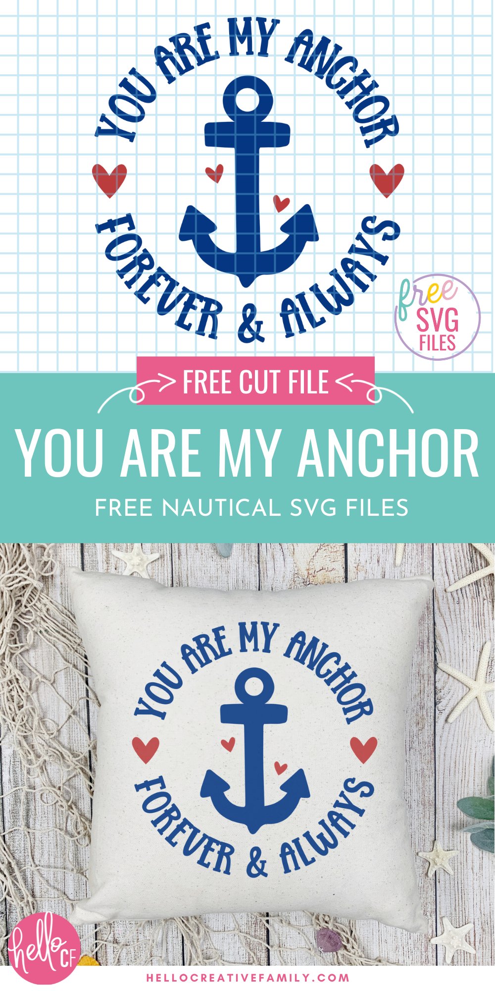 Get ready for time at the beach, cottage or cabin with these free Nautical SVG Files including a You Are My Anchor cut file! Make your own t-shirts, tank tops, hats, beach bags, mugs, stencils, decals and all kinds of beach gear using these free cut files and your Cricut Maker, Cricut Explore or Cricut Joy!