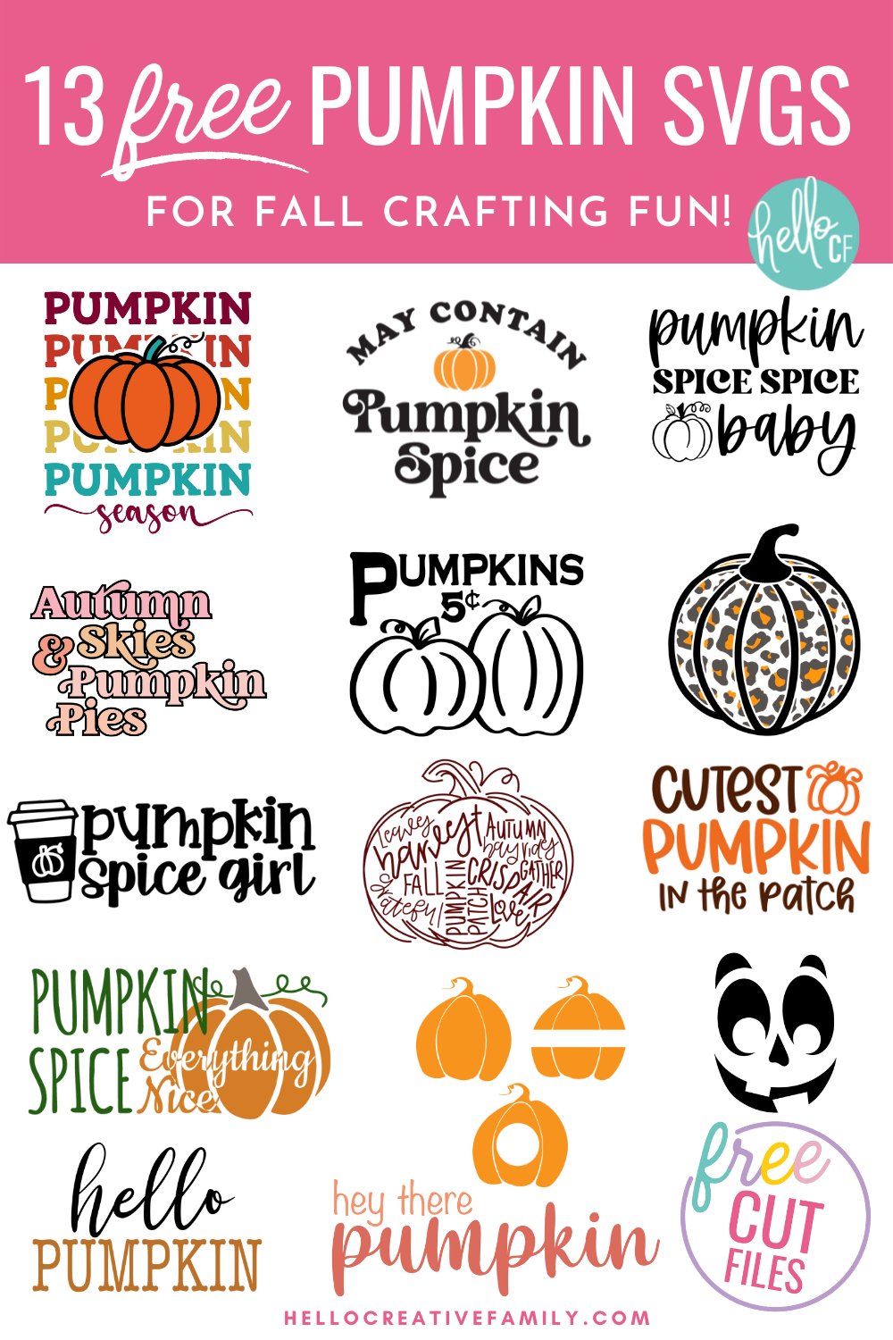 Get ready for autumn, pumpkin patches, hay rides and bonfires with this free Pumpkin SVG files collection! Includes a Pumpkin Season SVG in pretty fall colors along with other cut files for making fall decor, mugs, sweatshirts, signs and so much more with your Cricut Maker, Cricut Explore or Cricut Joy!