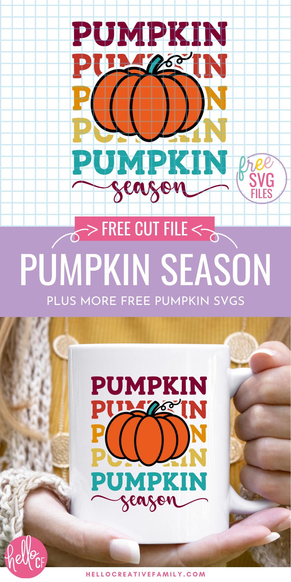 Get ready for autumn, pumpkin patches, hay rides and bonfires with this free Pumpkin SVG files collection! Includes a Pumpkin Season SVG in pretty fall colors along with other cut files for making fall decor, mugs, sweatshirts, signs and so much more with your Cricut Maker, Cricut Explore or Cricut Joy!