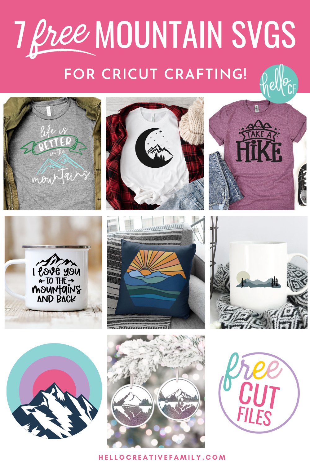 Get ready for crafty fun! We're sharing 7 free mountain SVG files for creating mugs, sweatshirts, t-shirts, throw pillows and so much more using your Cricut cutting machine! The perfect Cricut handmade gift for outdoorsy friends and family members!