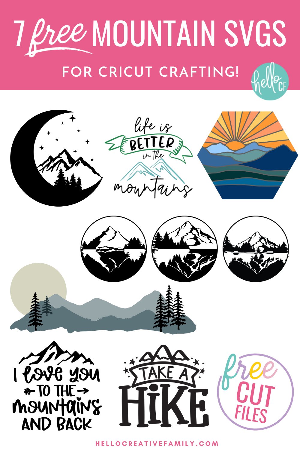 Get ready for crafty fun! We're sharing 7 free mountain SVG files for creating mugs, sweatshirts, t-shirts, throw pillows and so much more using your Cricut cutting machine! The perfect Cricut handmade gift for outdoorsy friends and family members!