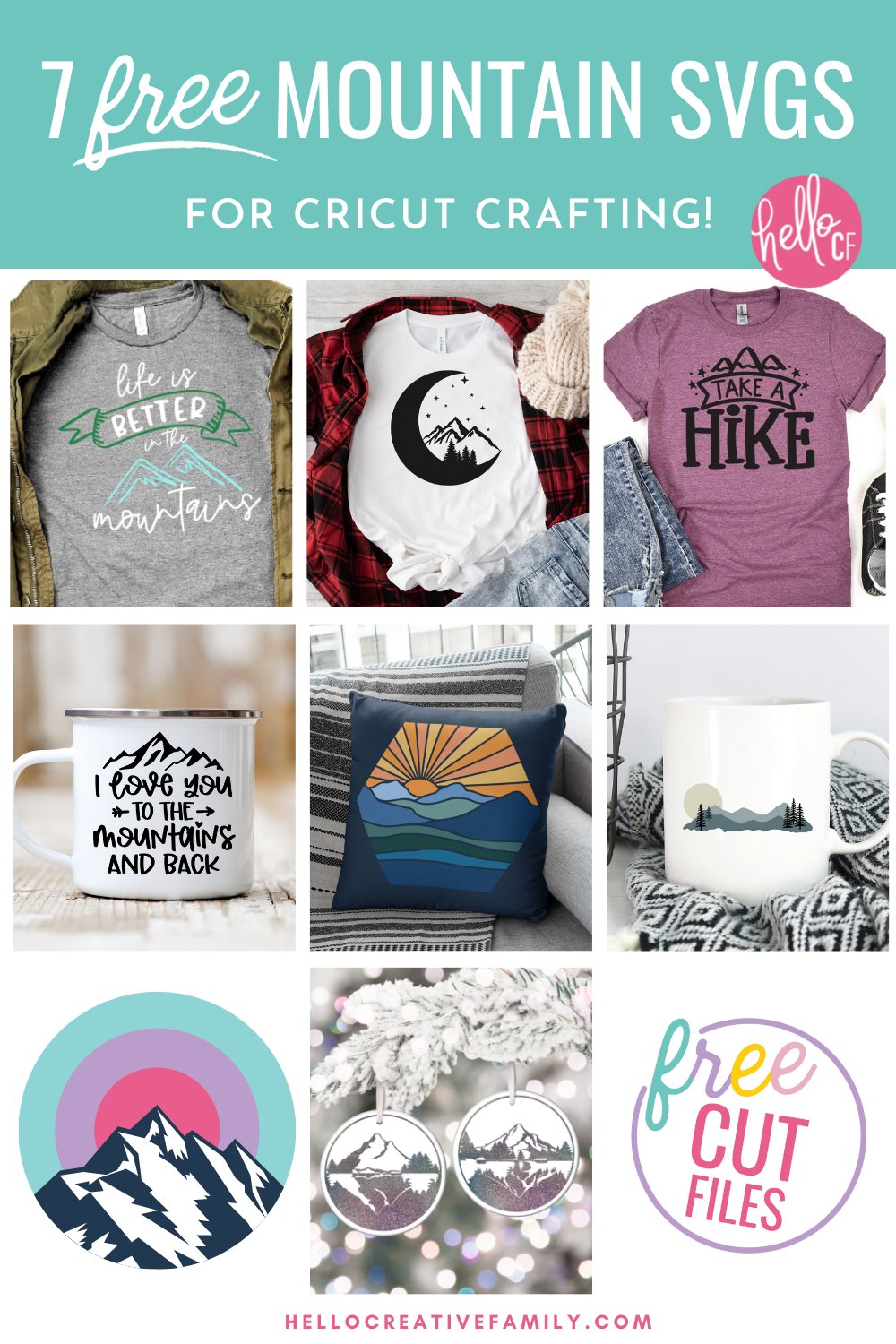 Get ready for crafty fun! We're sharing 7 free mountain SVG files for creating mugs, sweatshirts, t-shirts, throw pillows and so much more using your Cricut cutting machine! The perfect Cricut handmade gift for outdoorsy friends and family members!