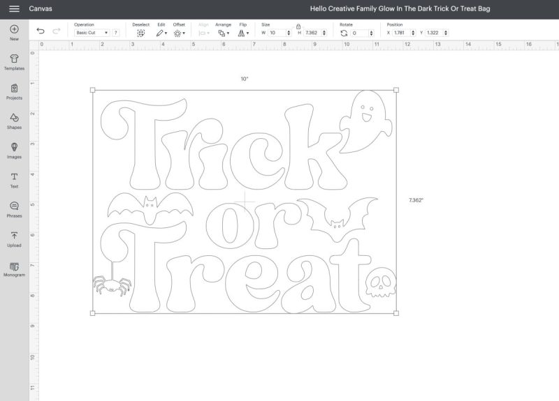 Open Cricut Design Space. You can find my Glow In The Dark Trick Or Treat Bag Design Space Canvas here. I have already hidden the back, black layer. Measure your tote bag to determine how large you would like your design to be. Use the size arrows, or the size tool to correctly size your design.