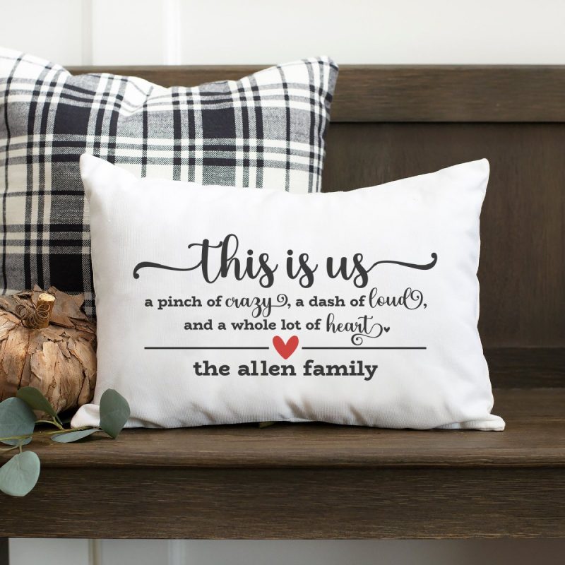 DIY This Is Us Pillow sitting on a bench