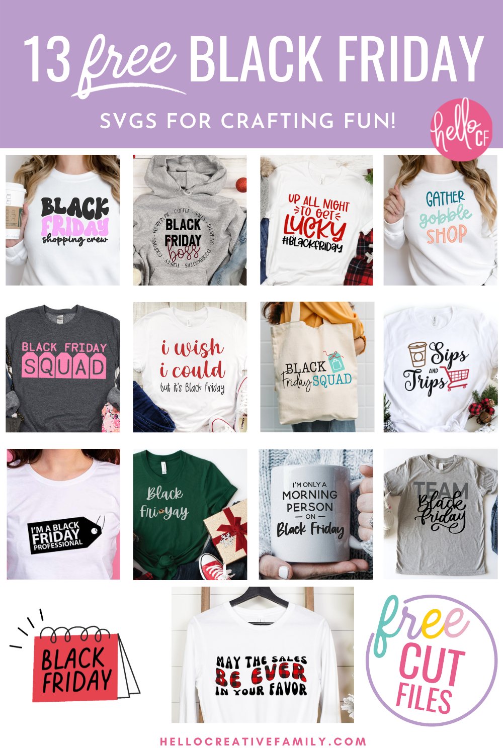 Get ready for some Black Friday Shopping fun with 13 free Black Friday SVG files for Cricut crafting! Use the Black Friday Shopping Crew cut file to DIY matching outfits for all of your deal hunting friends using your Cricut Maker, Cricut Explore, Cricut Joy or other electronic cutting machine.