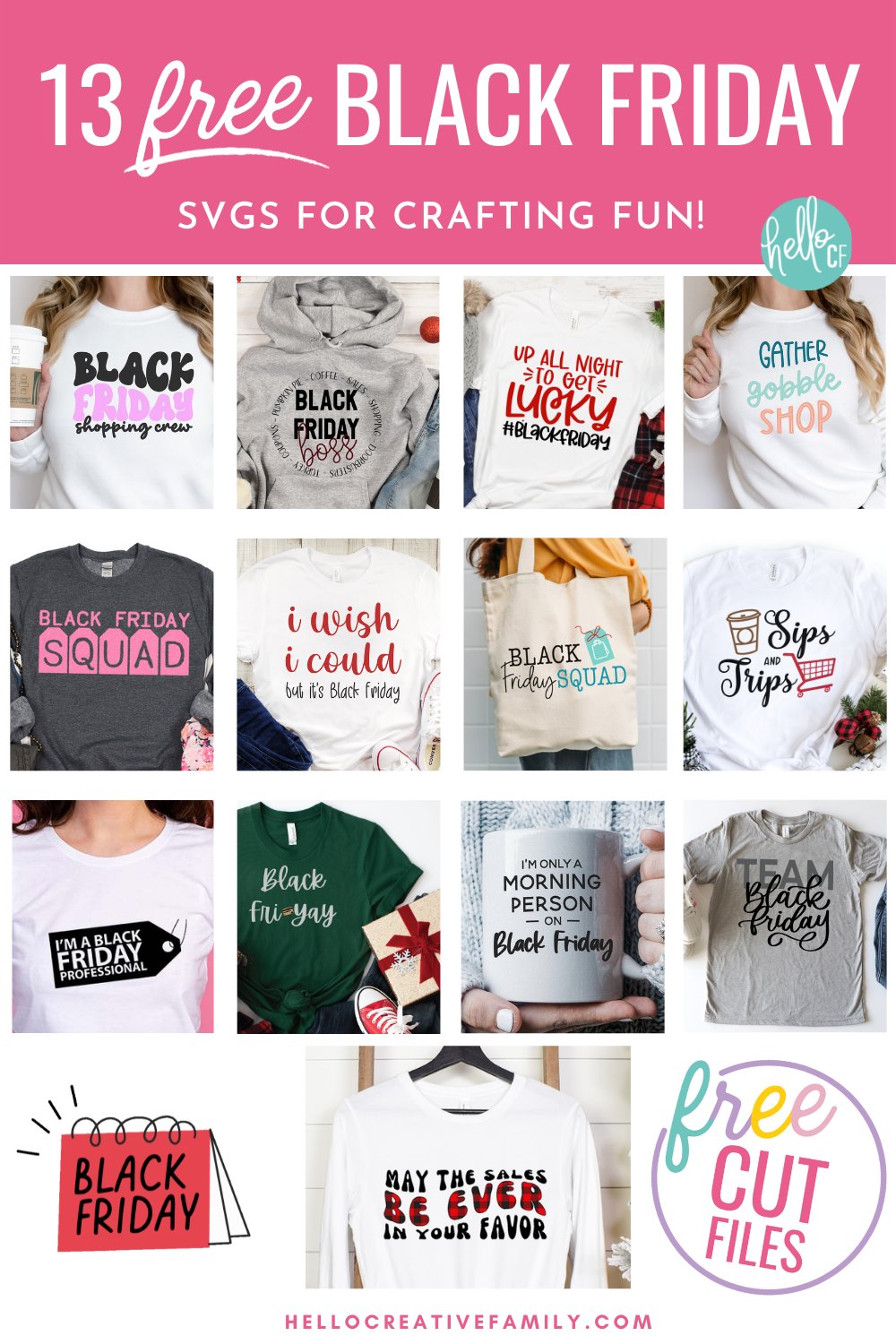 Get ready for some Black Friday Shopping fun with 13 free Black Friday SVG files for Cricut crafting! Use the Black Friday Shopping Crew cut file to DIY matching outfits for all of your deal hunting friends using your Cricut Maker, Cricut Explore, Cricut Joy or other electronic cutting machine.