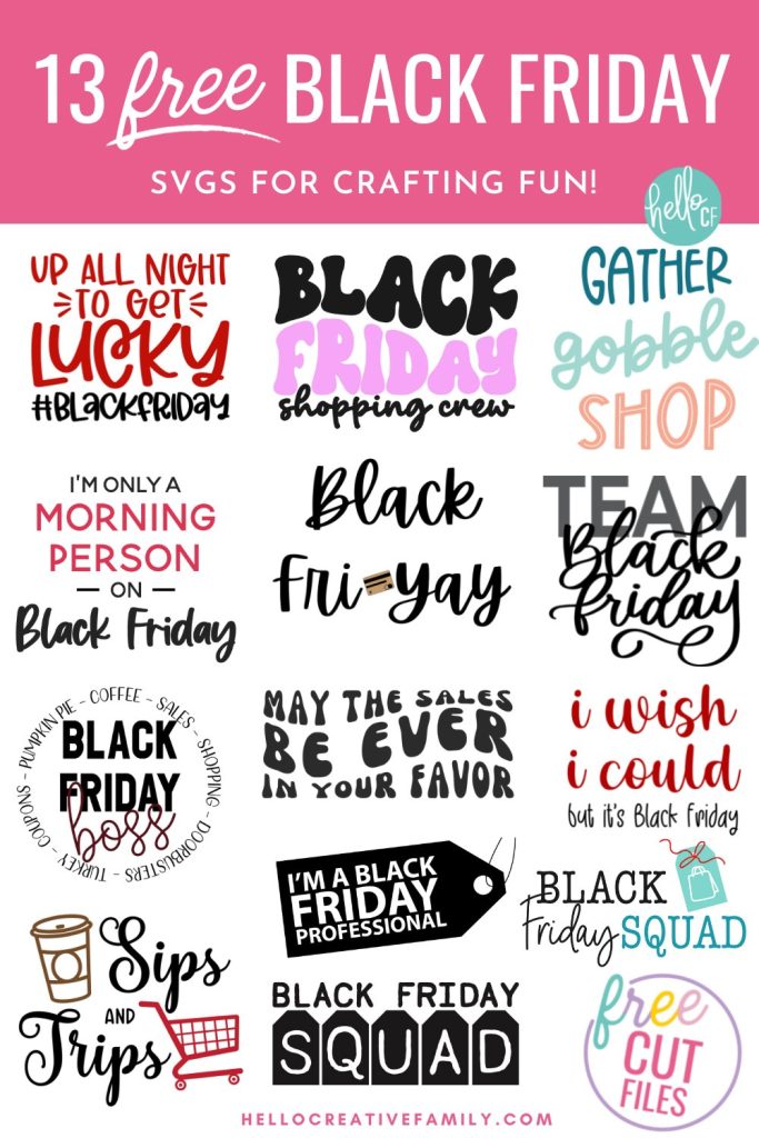 Get ready for some Black Friday Shopping fun with 13 free Black Friday SVG files for Cricut crafting! Use the Black Friday Shopping Crew cut file to DIY matching outfits for all of your deal hunting friends using your Cricut Maker, Cricut Explore, Cricut Joy or other electronic cutting machine.