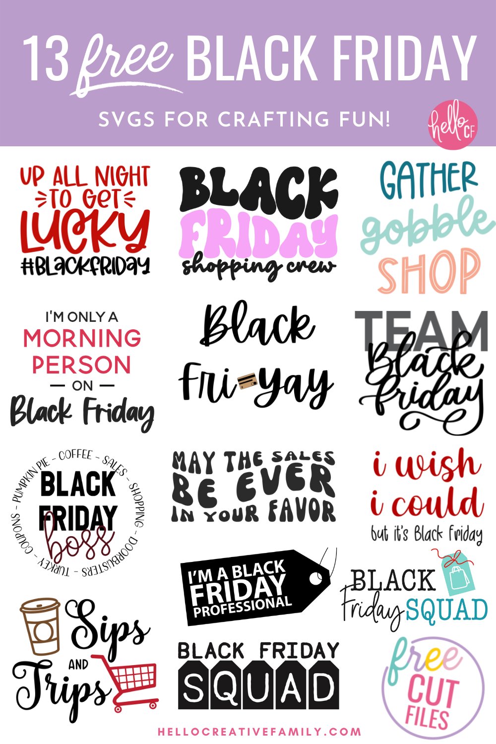 Get ready for some Black Friday Shopping fun with 13 free Black Friday SVG files for Cricut crafting! Use the Black Friday Shopping Crew cut file to DIY matching outfits for all of your deal hunting friends using your Cricut Maker, Cricut Explore, Cricut Joy or other electronic cutting machine.