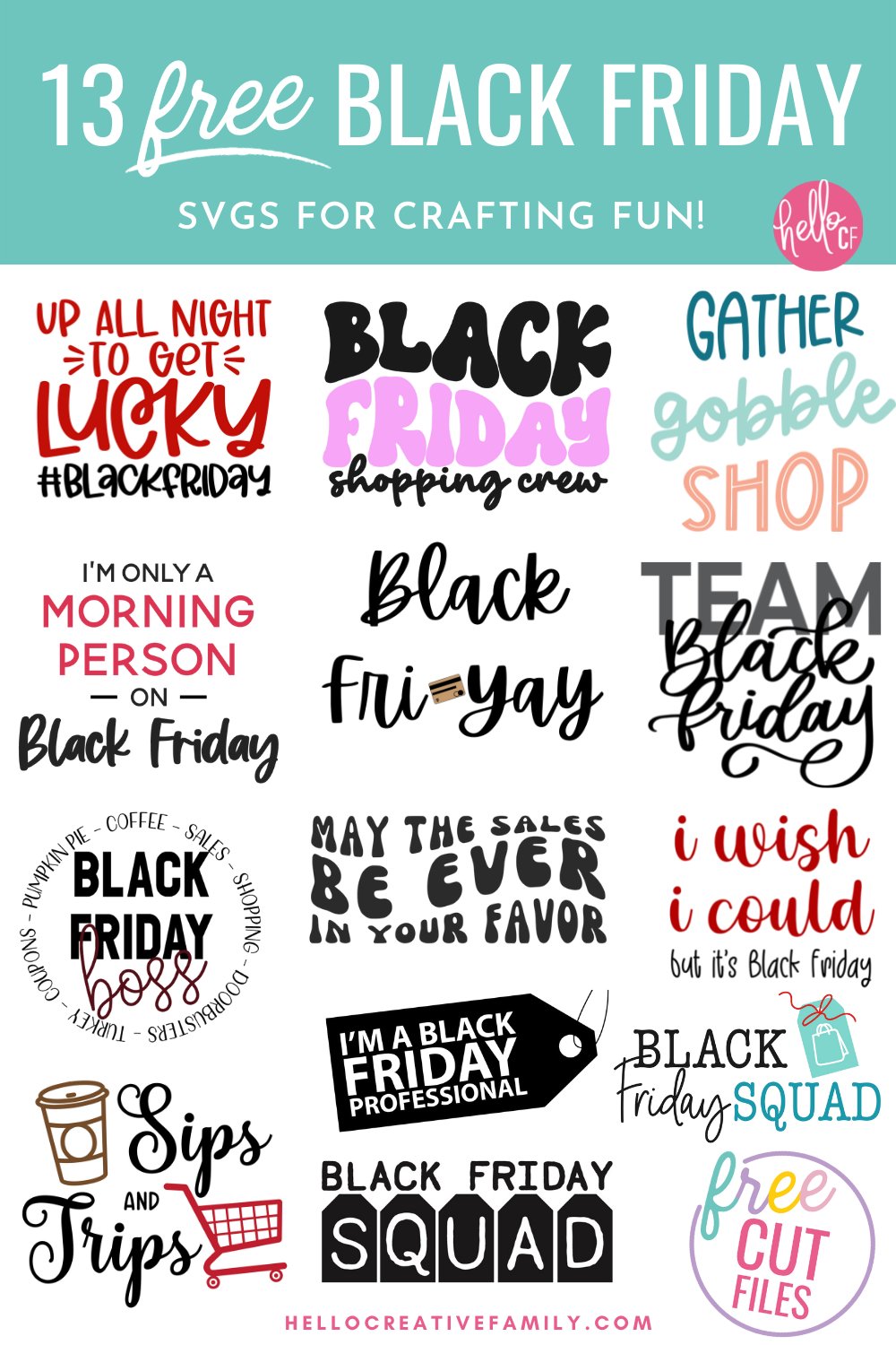 Get ready for some Black Friday Shopping fun with 13 free Black Friday SVG files for Cricut crafting! Use the Black Friday Shopping Crew cut file to DIY matching outfits for all of your deal hunting friends using your Cricut Maker, Cricut Explore, Cricut Joy or other electronic cutting machine.