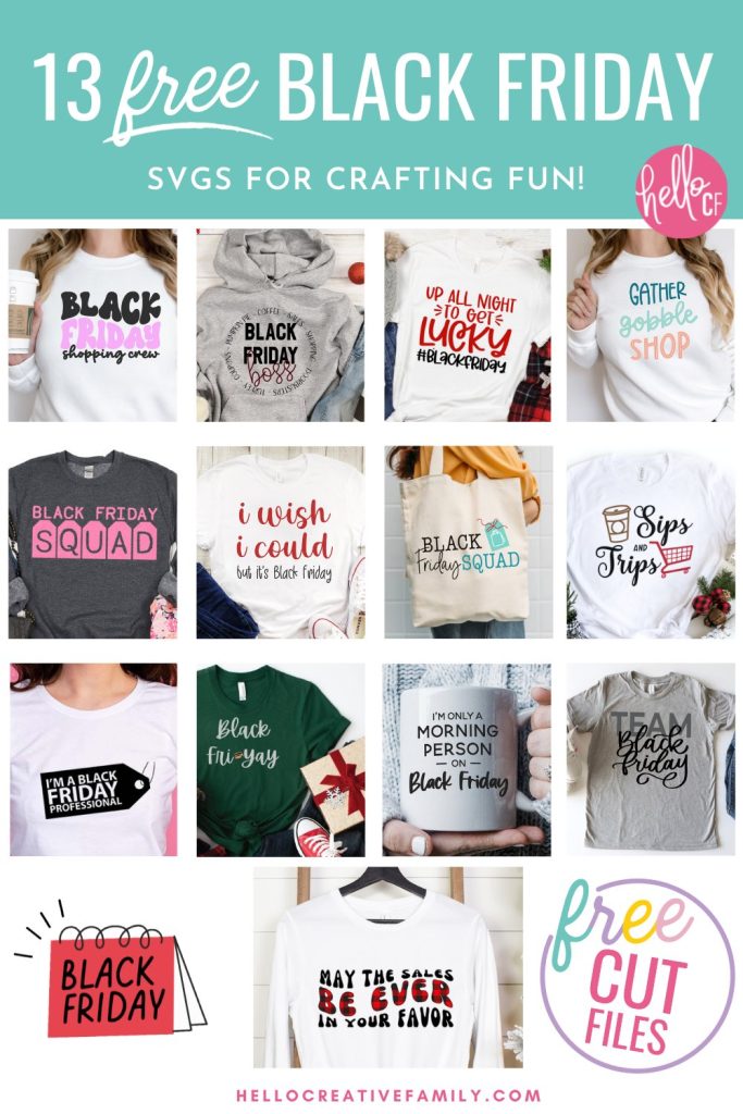Get ready for some Black Friday Shopping fun with 13 free Black Friday SVG files for Cricut crafting! Use the Black Friday Shopping Crew cut file to DIY matching outfits for all of your deal hunting friends using your Cricut Maker, Cricut Explore, Cricut Joy or other electronic cutting machine.