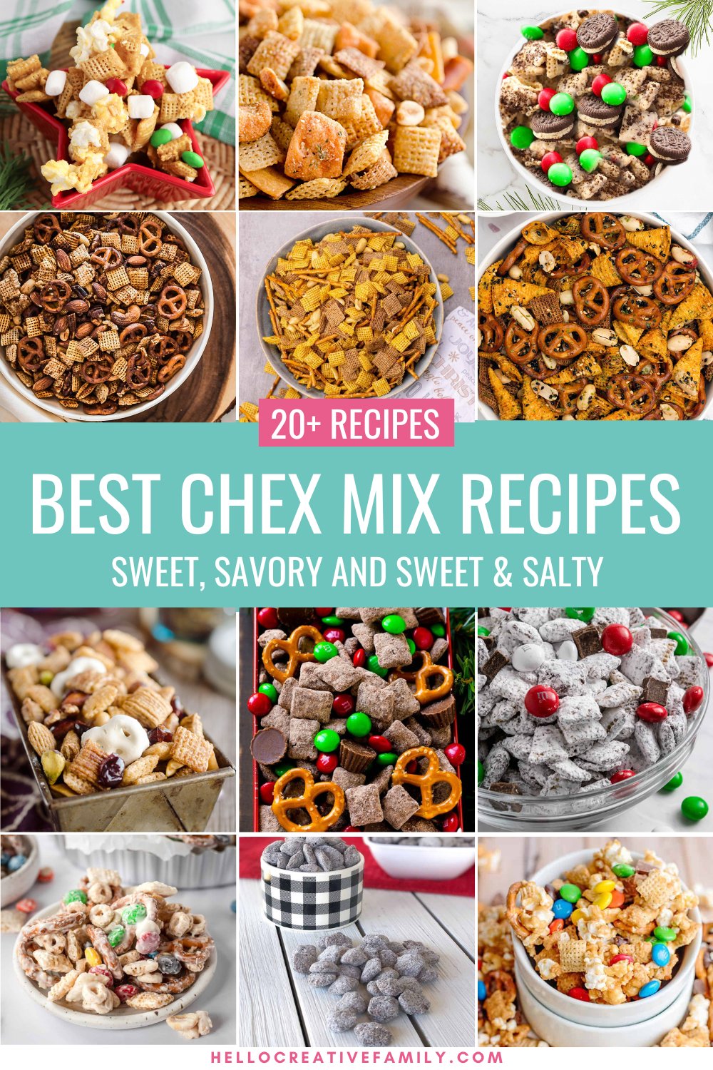 From savory to sweet, we've got you covered with over 20 of the best Chex mix recipes that you will ever try! Make this family friendly snack for holidays, parties, movie nights, game day snacks or anytime you want a delicious treat! Includes savory Chex mix recipes, sweet Chex Mix Recipes and sweet and salty Chex mix recipes.