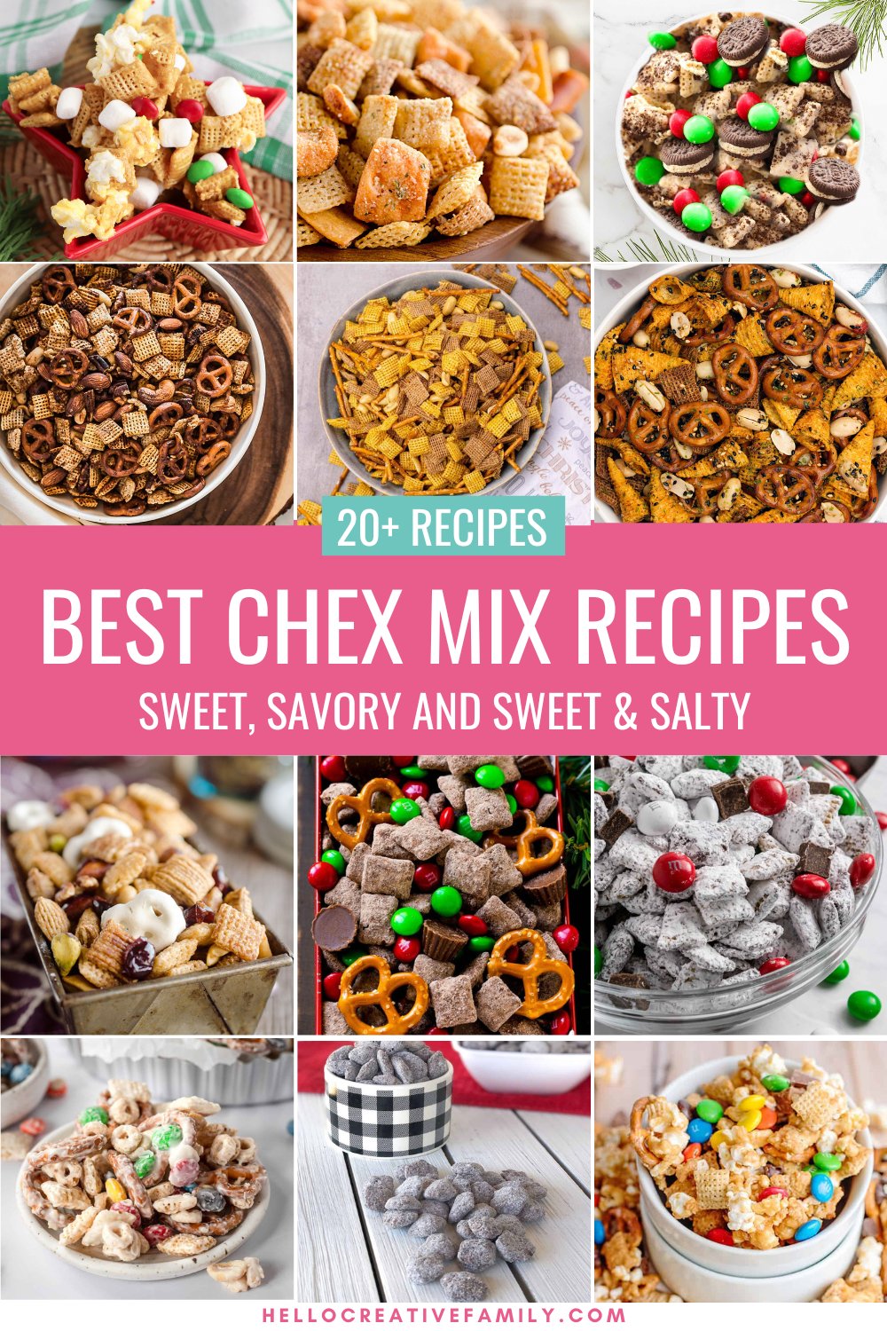 From savory to sweet, we've got you covered with over 20 of the best Chex mix recipes that you will ever try! Make this family friendly snack for holidays, parties, movie nights, game day snacks or anytime you want a delicious treat! Includes savory Chex mix recipes, sweet Chex Mix Recipes and sweet and salty Chex mix recipes.