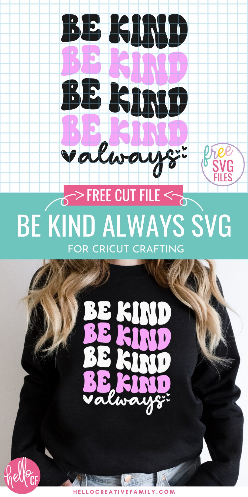 Spread kindness all year long (and on World Kindness Day) with this Free Be Kind SVG. This design has a fun retro 70's vibe and is perfect for making shirts, hoodies, stickers, mugs and so much more with your Cricut Maker, Cricut Explore, Cricut Joy or other electronic cutting machine! Includes links to more kindness SVG files and kindness crafts from fellow craft bloggers and designers.