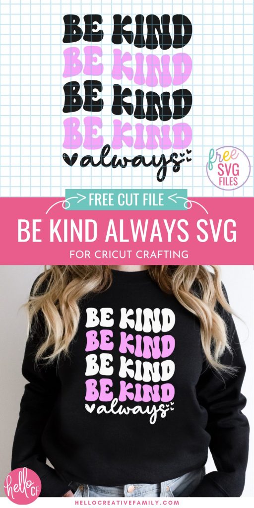 Spread kindness all year long (and on World Kindness Day) with this Free Be Kind SVG. This design has a fun retro 70's vibe and is perfect for making shirts, hoodies, stickers, mugs and so much more with your Cricut Maker, Cricut Explore, Cricut Joy or other electronic cutting machine! Includes links to more kindness SVG files and kindness crafts from fellow craft bloggers and designers.