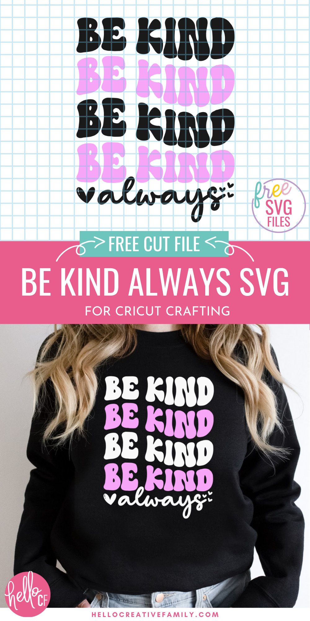 Spread kindness all year long (and on World Kindness Day) with this Free Be Kind SVG. This design has a fun retro 70's vibe and is perfect for making shirts, hoodies, stickers, mugs and so much more with your Cricut Maker, Cricut Explore, Cricut Joy or other electronic cutting machine! Includes links to more kindness SVG files and kindness crafts from fellow craft bloggers and designers.