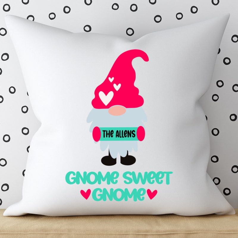 Throw pillow with a gnome with a red had holding a sign that says The Allens. Below the gnome are the words Gnome Sweet Gnome.