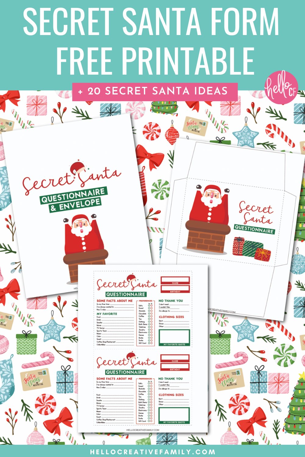 Host the easiest Secret Santa Gift Exchange ever with this free printable Secret Santa Form! This Secret Santa questionnaire and printable envelope helps to gather tons of information about the recipient so that getting them the perfect Christmas gift is so easy! This form gathers the recipients likes and dislikes, preferences on books, candy and snacks, favorite quote and so much more! Also includes 20+ Secret Santa gift ideas!