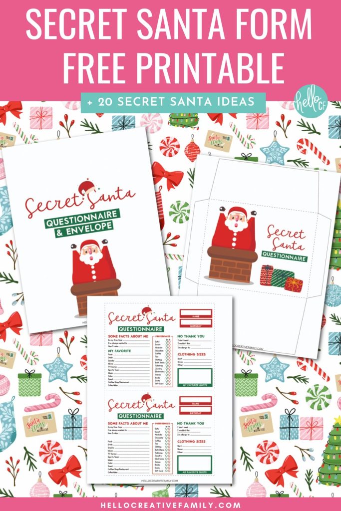 Host the easiest Secret Santa Gift Exchange ever with this free printable Secret Santa Form! This Secret Santa questionnaire and printable envelope helps to gather tons of information about the recipient so that getting them the perfect Christmas gift is so easy! This form gathers the recipients likes and dislikes, preferences on books, candy and snacks, favorite quote and so much more! Also includes 20+ Secret Santa gift ideas!