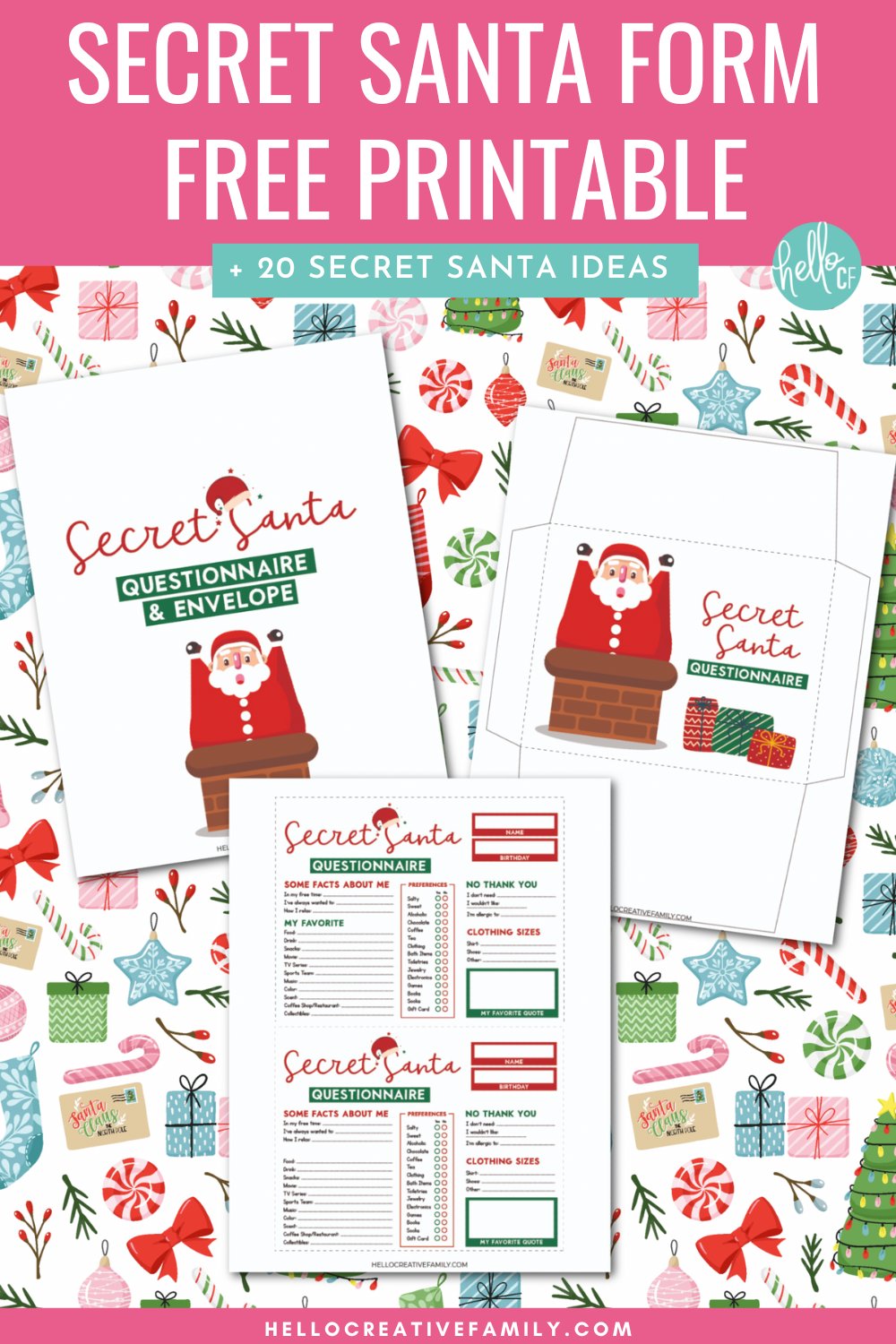 Host the easiest Secret Santa Gift Exchange ever with this free printable Secret Santa Form! This Secret Santa questionnaire and printable envelope helps to gather tons of information about the recipient so that getting them the perfect Christmas gift is so easy! This form gathers the recipients likes and dislikes, preferences on books, candy and snacks, favorite quote and so much more! Also includes 20+ Secret Santa gift ideas!