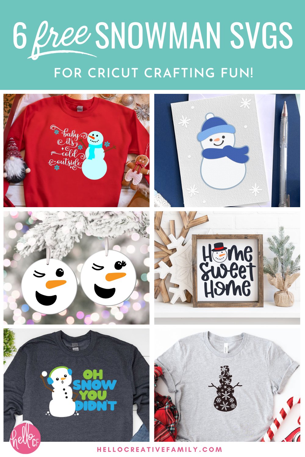 Baby it's cold outside! Use these 6 free snowman SVG files to make winter crafts using your Cricut cutting machine! Make sweatshirts, mugs, ornaments, signs, decals, Christmas cards and so many more Cricut crafts!