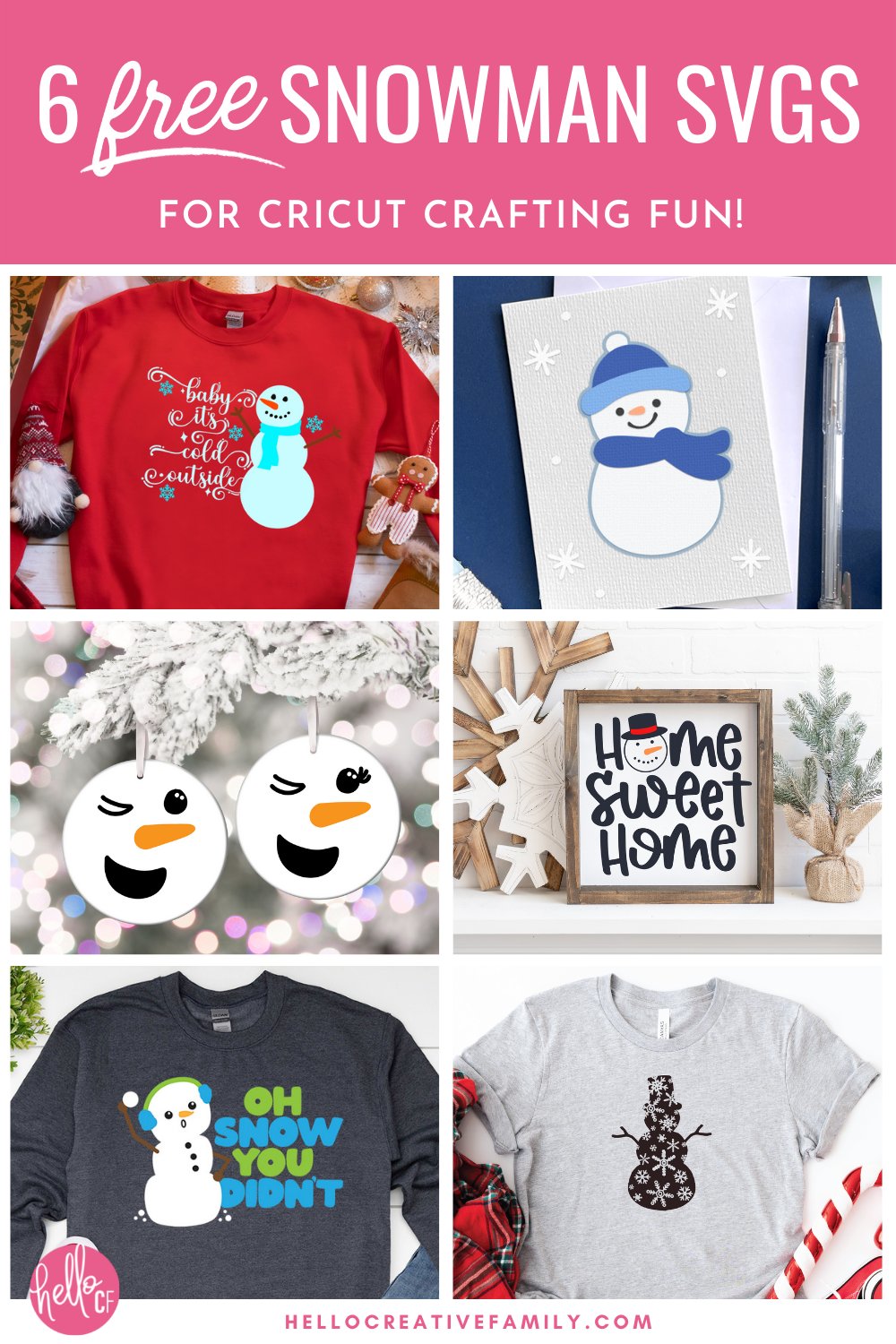 Baby it's cold outside! Use these 6 free snowman SVG files to make winter crafts using your Cricut cutting machine! Make sweatshirts, mugs, ornaments, signs, decals, Christmas cards and so many more Cricut crafts!