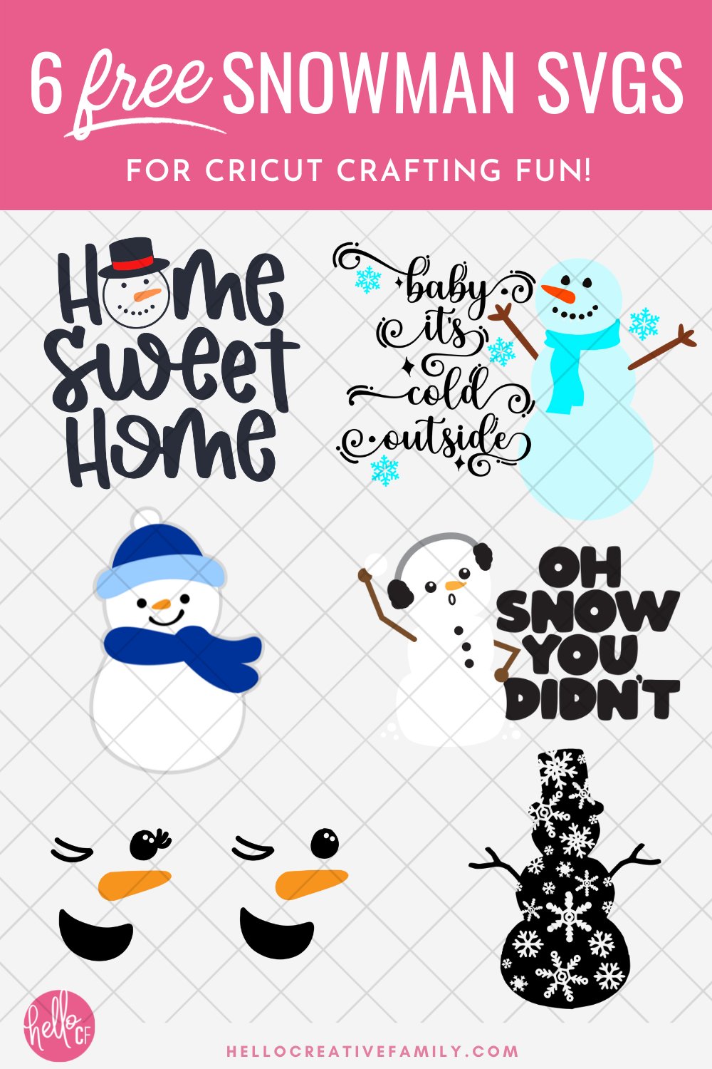 Baby it's cold outside! Use these 6 free snowman SVG files to make winter crafts using your Cricut cutting machine! Make sweatshirts, mugs, ornaments, signs, decals, Christmas cards and so many more Cricut crafts!