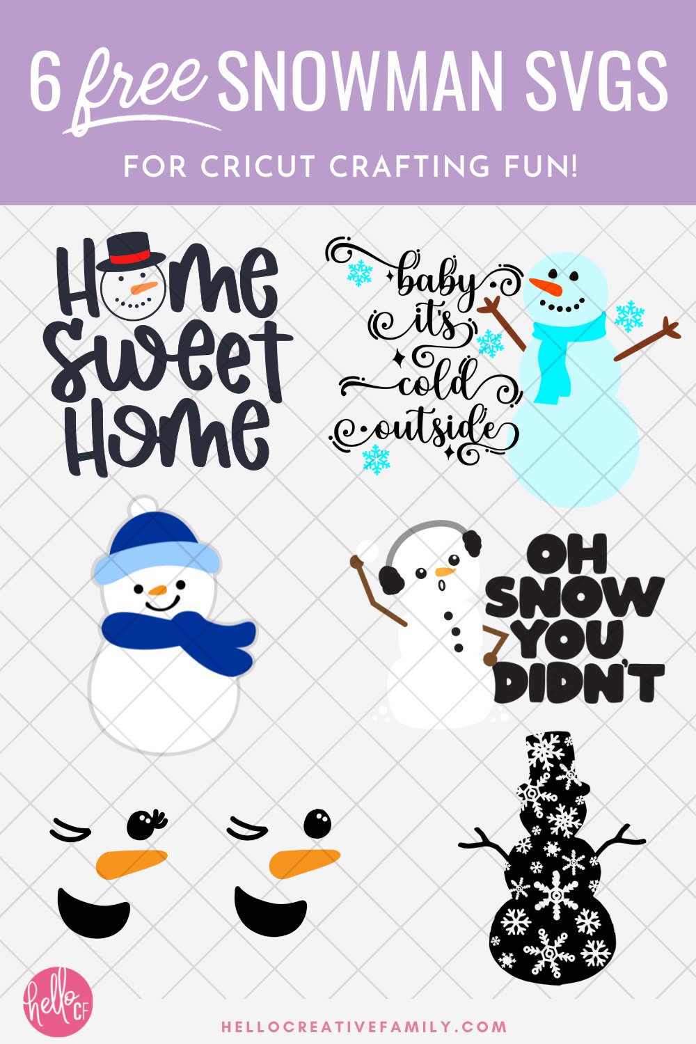 Baby it's cold outside! Use these 6 free snowman SVG files to make winter crafts using your Cricut cutting machine! Make sweatshirts, mugs, ornaments, signs, decals, Christmas cards and so many more Cricut crafts!