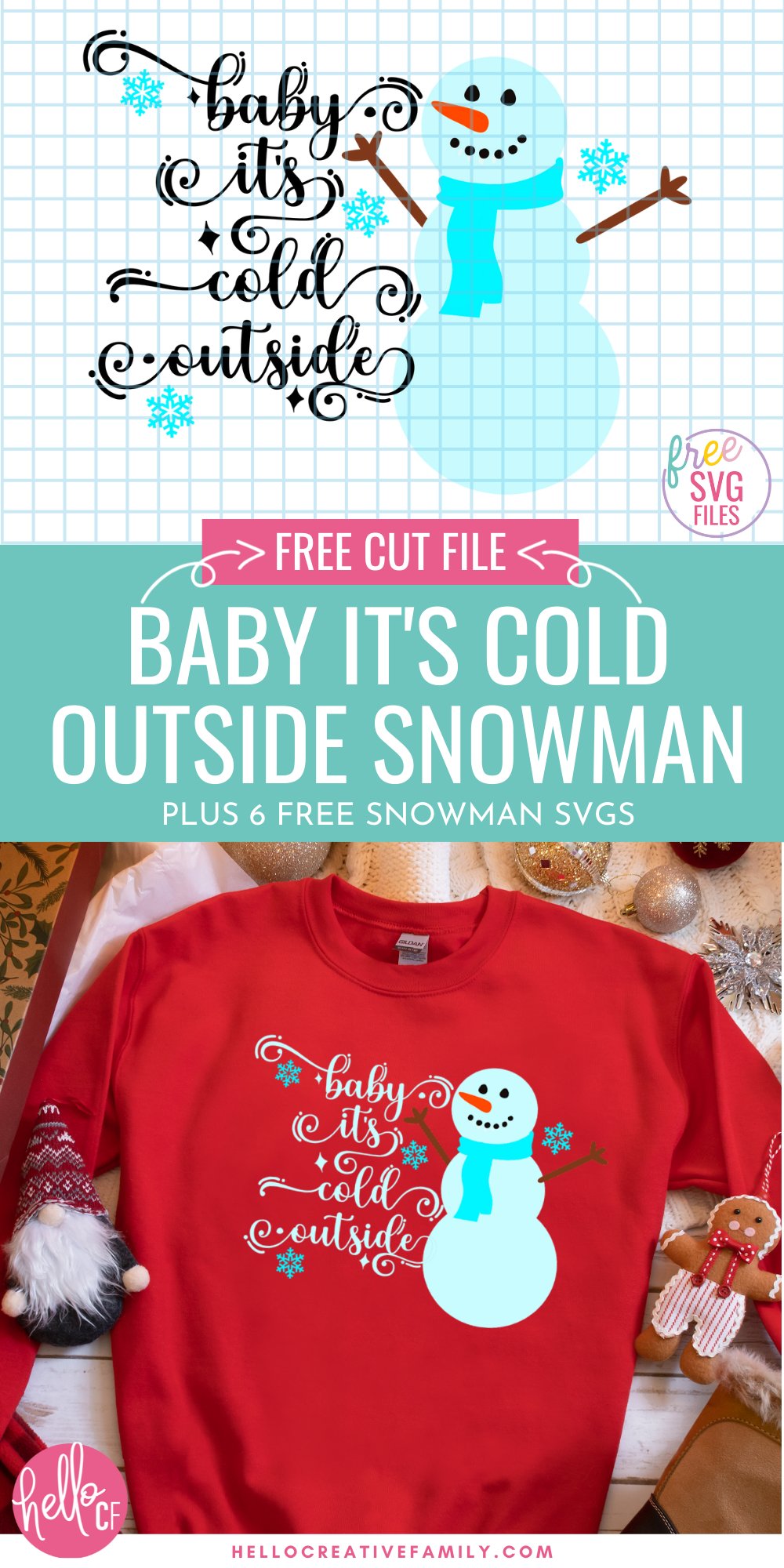 Baby it's cold outside! Use these 6 free snowman SVG files to make winter crafts using your Cricut cutting machine! Make sweatshirts, mugs, ornaments, signs, decals, Christmas cards and so many more Cricut crafts!