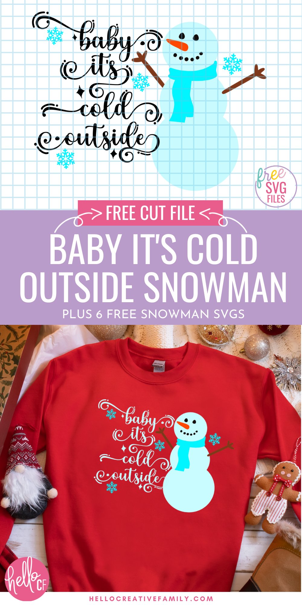Baby it's cold outside! Use these 6 free snowman SVG files to make winter crafts using your Cricut cutting machine! Make sweatshirts, mugs, ornaments, signs, decals, Christmas cards and so many more Cricut crafts!