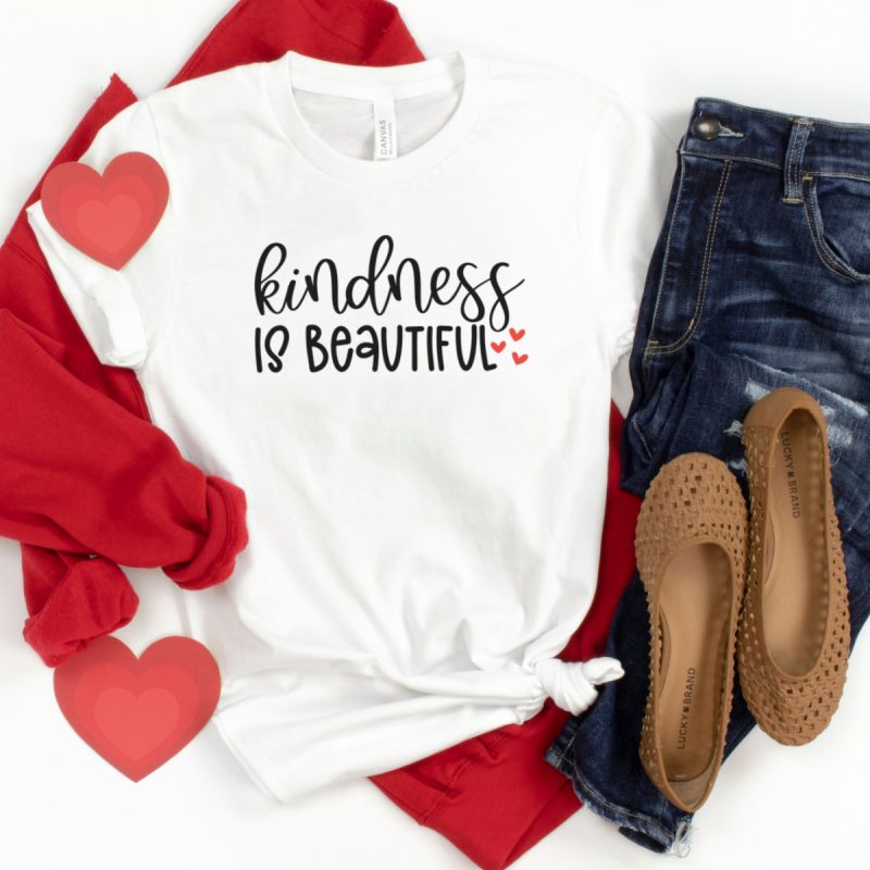 DIY kindness t-shirt with Kindness Is Beautiful on front using HTV and free Kindness SVG from Hello Creative Family