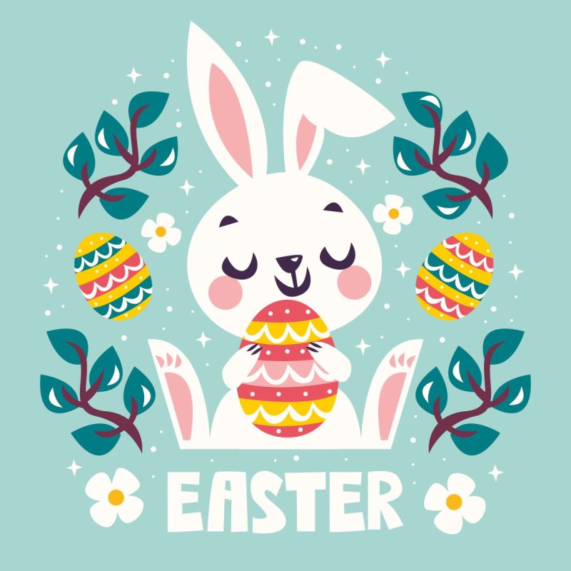 Drawing of Easter Bunny holding colorful Easter Eggs with white flowers and green branches of leaves