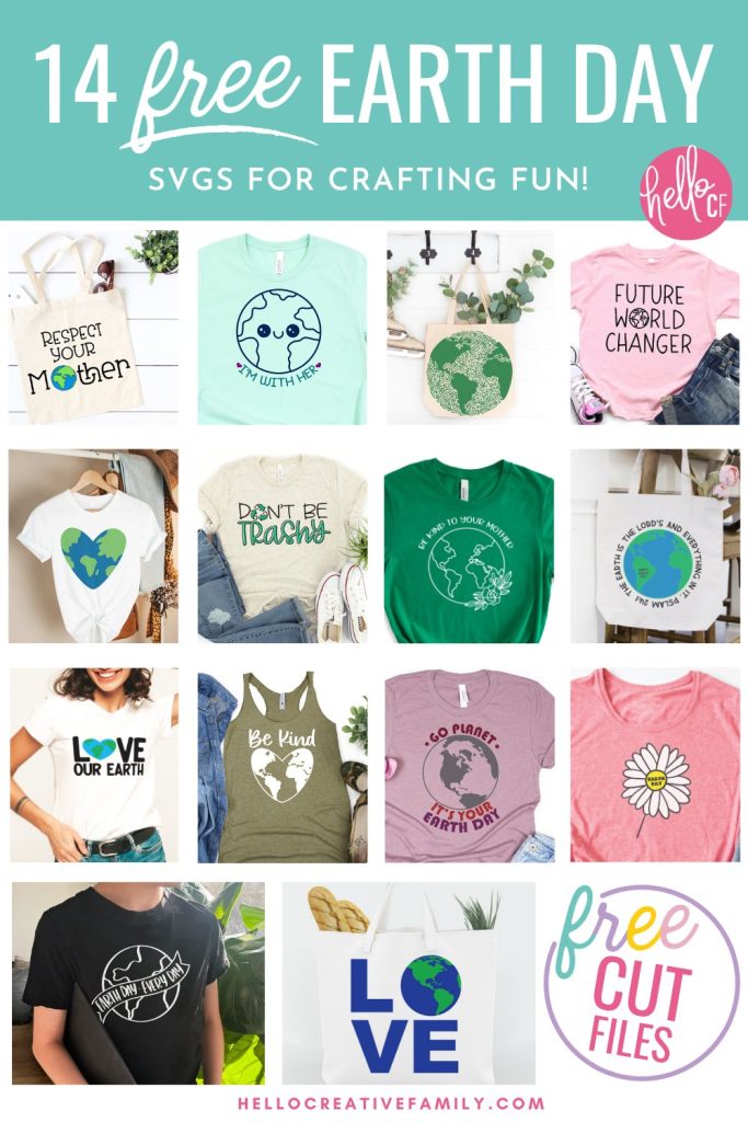 Collage of 14 free Earth Day SVG Files and the projects you can make with them.