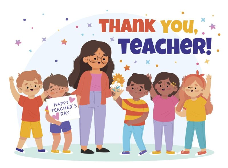 Hand drawing that says Thank You Teacher with drawing of teacher and 5 adorable elementary school aged children.