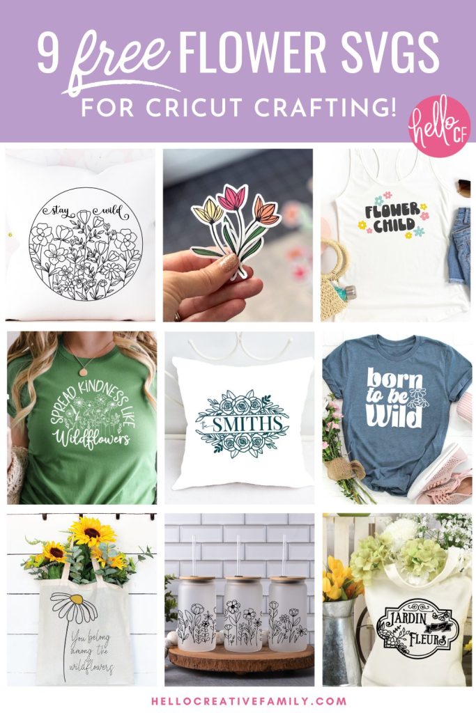 Brighten any day with these 9 Free Flower SVG Files! These designs are so pretty and perfect for any garden lover! Use them to make DIY shirts, home decor projects, throw pillows, mugs, tote bags and so much more using your Cricut Maker, Cricut Explore, Cricut Joy or other electronic cutting machine!