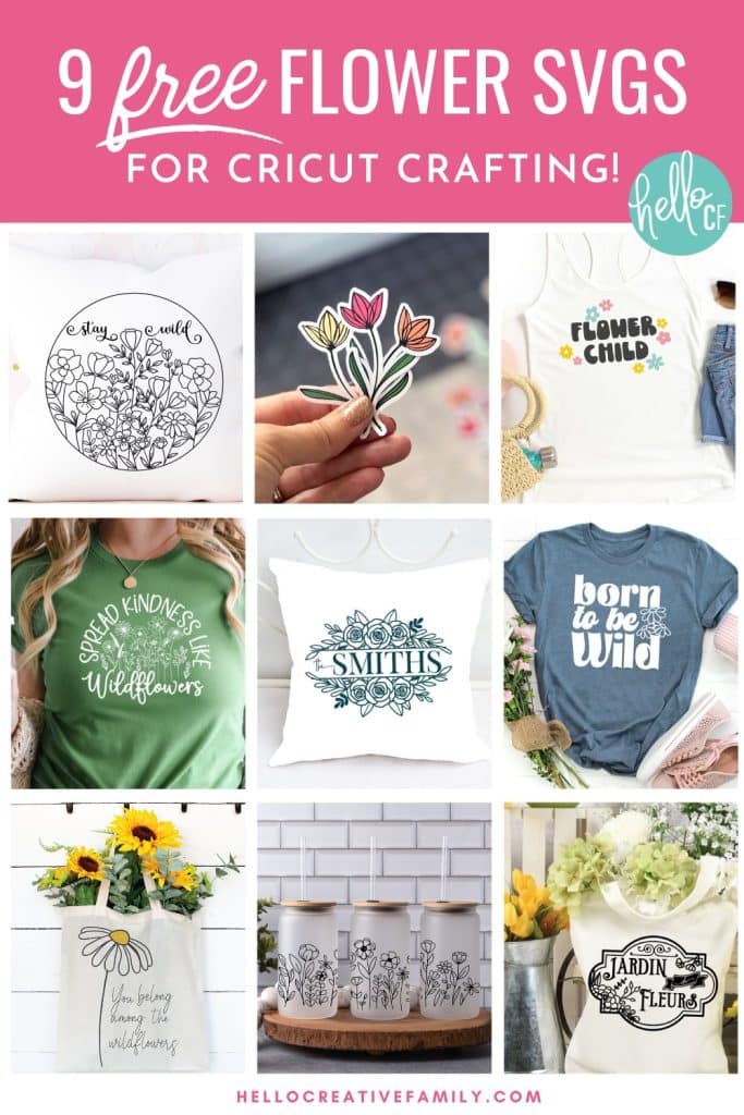 Brighten any day with these 9 Free Flower SVG Files! These designs are so pretty and perfect for any garden lover! Use them to make DIY shirts, home decor projects, throw pillows, mugs, tote bags and so much more using your Cricut Maker, Cricut Explore, Cricut Joy or other electronic cutting machine!