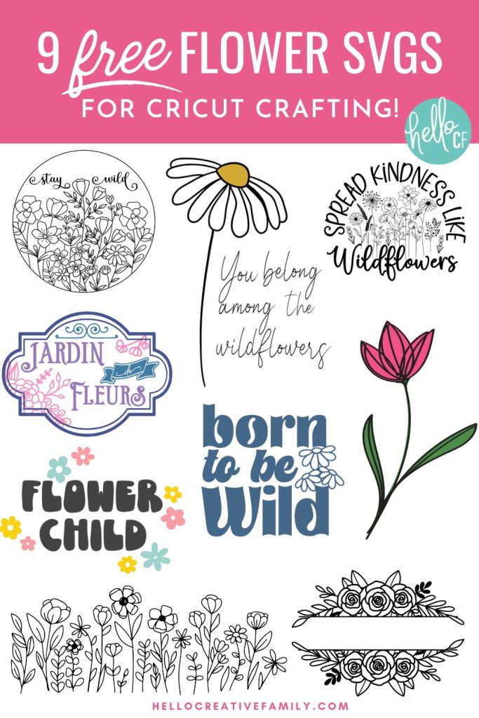 Brighten any day with these 9 Free Flower SVG Files! These designs are so pretty and perfect for any garden lover! Use them to make DIY shirts, home decor projects, throw pillows, mugs, tote bags and so much more using your Cricut Maker, Cricut Explore, Cricut Joy or other electronic cutting machine!