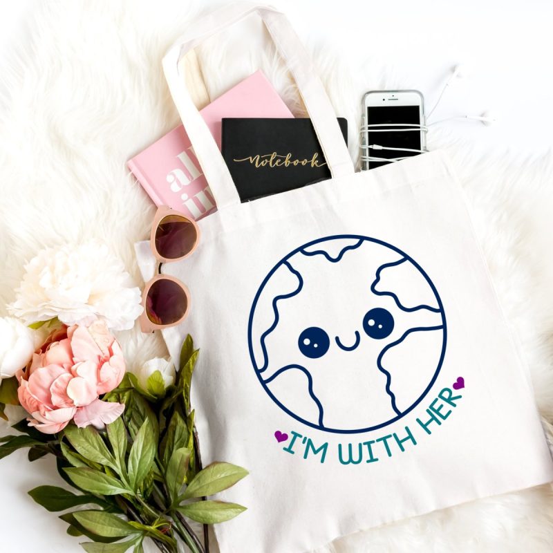 Reusable cloth shopping bag with Kawaii Earth and the words "I'm With Her".