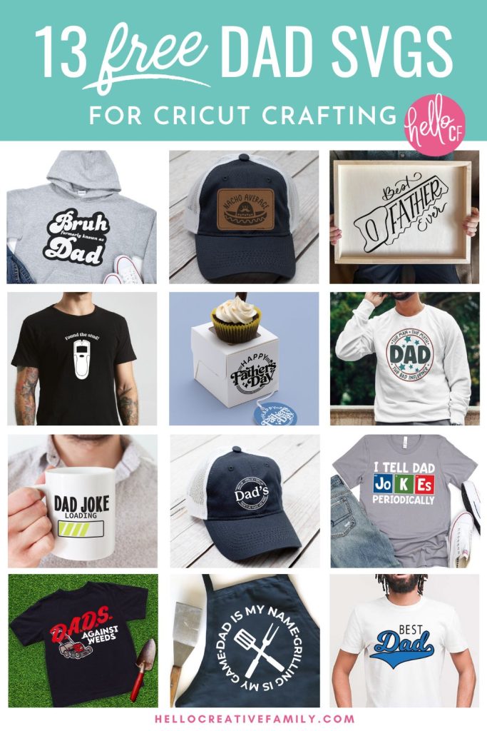Collage of project ideas to make with Dad SVG files. Making a handmade gift for Dad using your Cricut? We've got you covered! These 13 Free Dad SVG Files are perfect for making Father's Day, birthday and Christmas gifts for Dad! Use them for hats, shirts, aprons, hoodies and so much more! Includes a Bruh Formerly Known As Dad SVG that has us feeling all those dad life feels. 