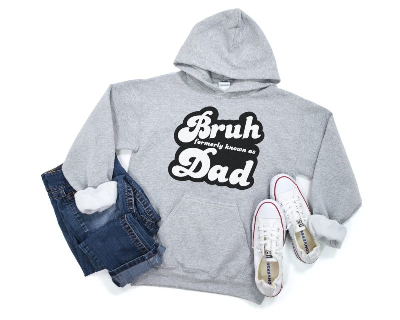 Grey sweatshirt with black and white design that reads "Bruh formerly known as Dad". Design created by Crystal Allen from Hello Creative Family. 