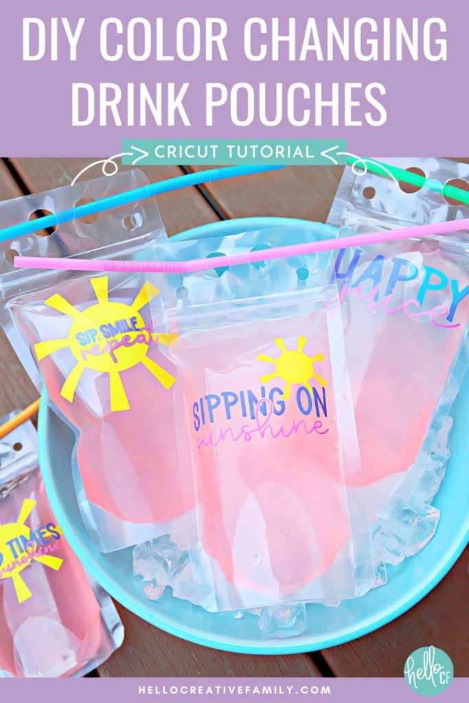 Celebrate summer with a cool beverage! Learn how to make DIY Color Changing Drink Pouches using Cricut color changing vinyl! These drink pouches are reusable and decorated with the cutest summer SVG files! A fun and easy Cricut summer craft project that you can make with your Cricut Maker, Cricut Explore Air or Cricut Joy!
