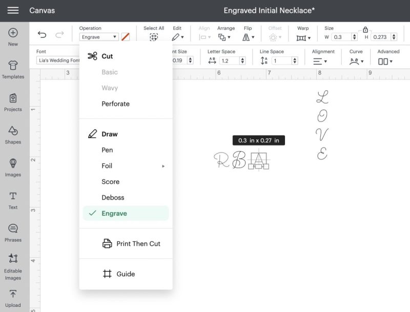 Log into Cricut Design Space. Use the Text tool and type the letters or words you want engraved on your necklace charms. Under Operation change the linetype to Engrave. Select the font you want to use. I like filtering by fonts in a handwriting style and single layer.