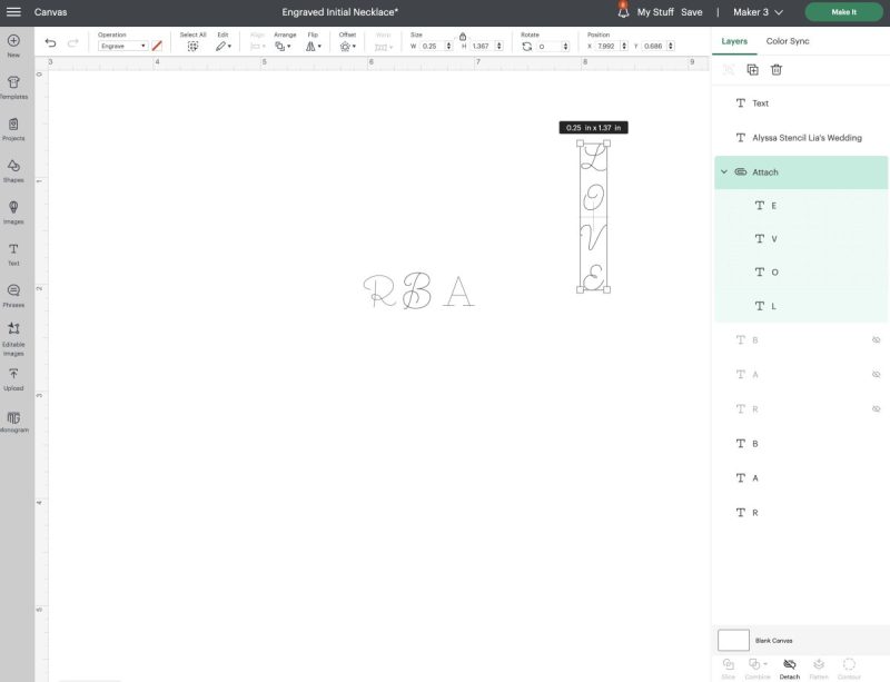 If you have a long vertical charm like I do, type out your word and then click Ungroup. Stack the letters on top of each other. Select all the letters and then use the Align function to center your letters horizontally and then distribute vertically so that they are nicely lined up and evenly spaced. With all the letters still selected click Attach.
