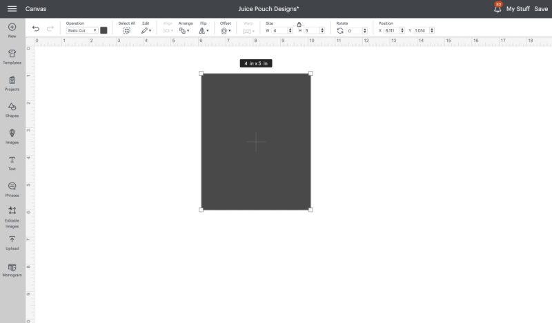 Open Cricut Design Space. Create a rectangle the size of your juice pouch.