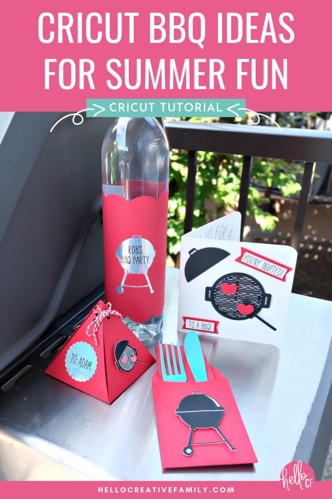 4 fun BBQ themed projects using the Cricut cutting machine! A BBQ invitation, party favor box, utensil and napkin holder and water bottle wrap.  