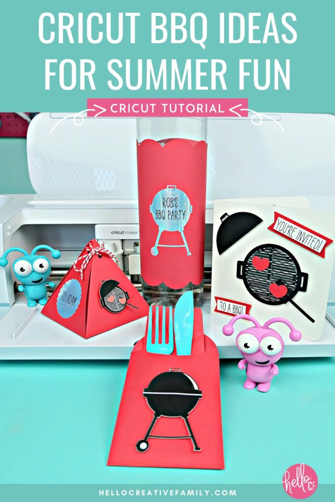 4 fun BBQ themed projects using the Cricut cutting machine! A BBQ invitation, party favor box, utensil and napkin holder and water bottle wrap.  