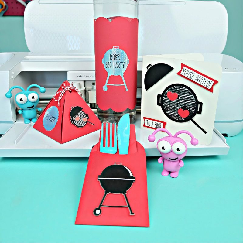 4 fun BBQ themed projects using the Cricut cutting machine! A BBQ invitation, party favor box, utensil and napkin holder and water bottle wrap.  