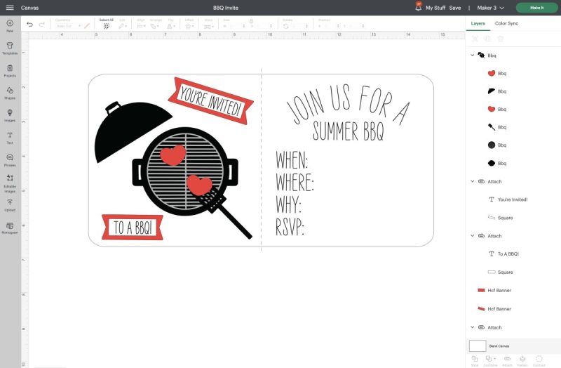 Cricut Design Space screenshot with a BBQ invitation